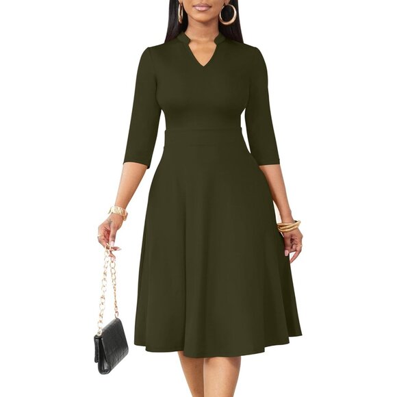 green fit and flare dress with sleeves Green Fit And Flare Dress Short Sleeve V-neck